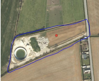 Luftfoto af gyllebeholderen og det nærliggende område.