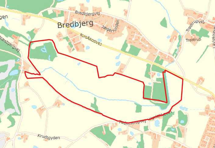 Projektgrænsen til forundersøgelsen til et vådområde syd for Bredbjerg er markeret med rødt.