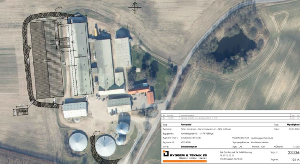Oversigtsfoto over ejendommen, der viser placeringen af ny hestestald
