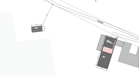 Oversigtstegning over ejendommen, der viser placeringen af hesteskuret