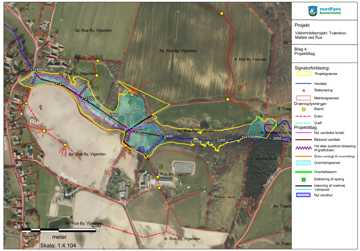 Oversigtskort med angivelse af projekttiltag i vådområdet langs Tværskov Mølleå ved Rue