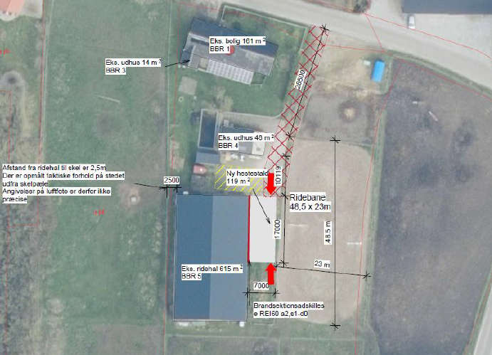 Oversigtsfoto, der viser, hvor den nye hestestald og ridebane placeres.