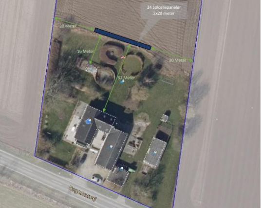 Oversigtsfoto, der viser placeringen af solcelleanlæg på ejendommen