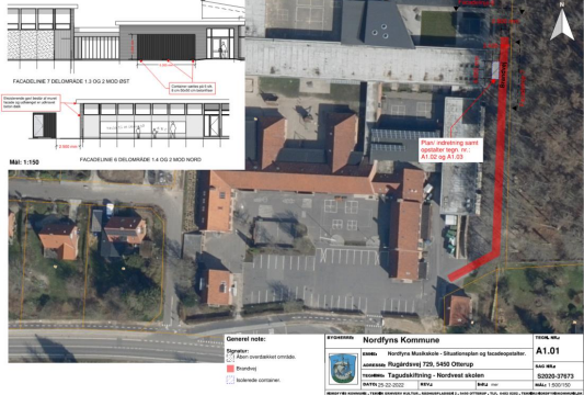 Figur 1: Situationsplan og facadetegninger af musikøvecontainer