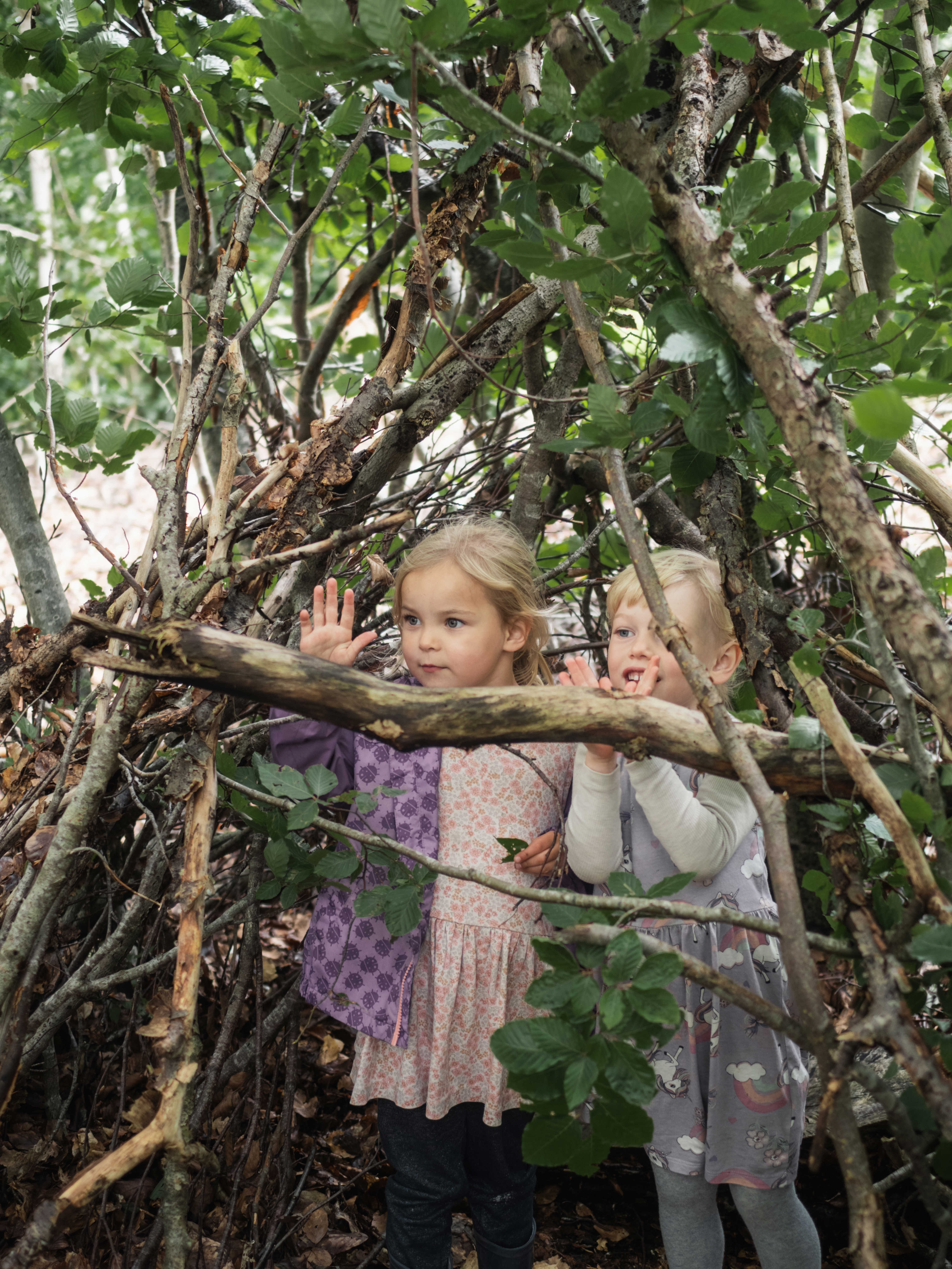To små piger, der bygger hule i en skov.