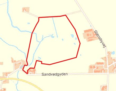 Projektgrænsen til forundersøgelsen til et vådområde vest for Stensby er markeret med rødt.