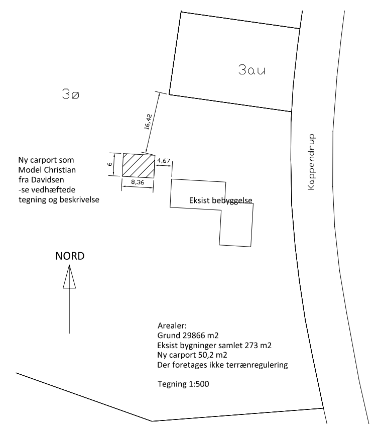 Tegning over arealet, der viser placeringen af carporten.
