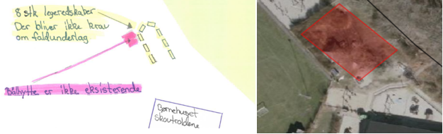 Oversigtsfoto samt oversigtstegning, der viser hvor legeredskaberne placeres.