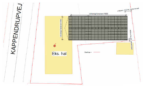 Oversigtstegning over ejendommen, der viser placeringen af tilbygningen