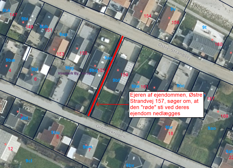 Oversigtsfoto, der markerer stien imellem Østre Strandvej og Grønnekrogen imellem nr. 157 og 159