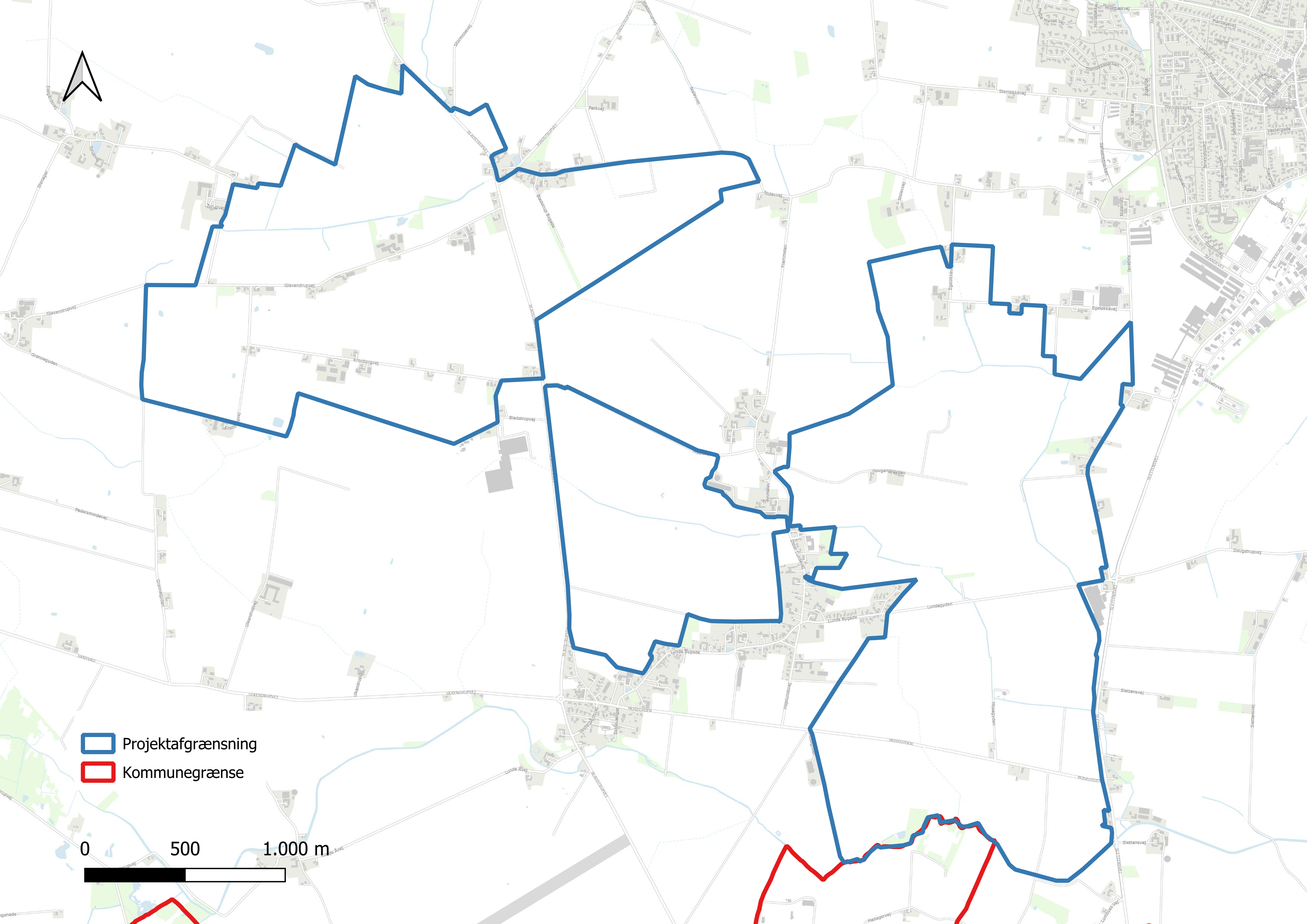Projektafgrænsning af skovrejsningsprojektet syd/sydvest for Otterup. Projektafgrænsningen er markeret med blå.