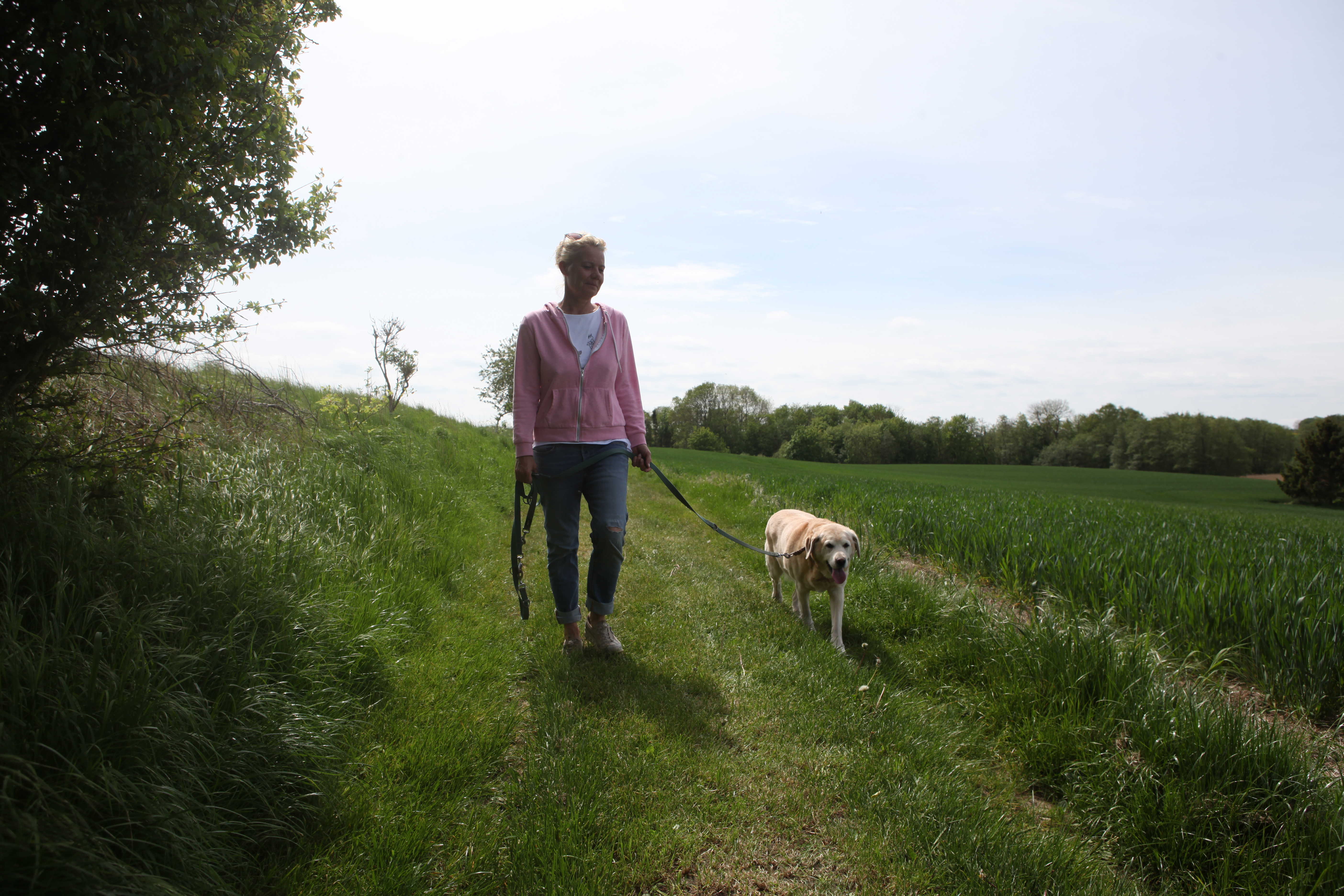 Kvinde, der lufter hund.