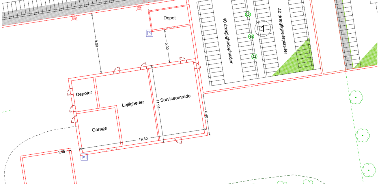 Illustration af servicebygning med overordnet anvendelse samt placering i forhold til den øvrige bebyggelse