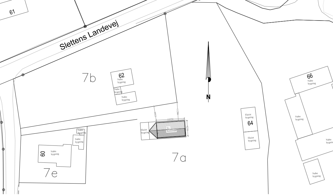 Oversigttegning over området med placering af hestestald.