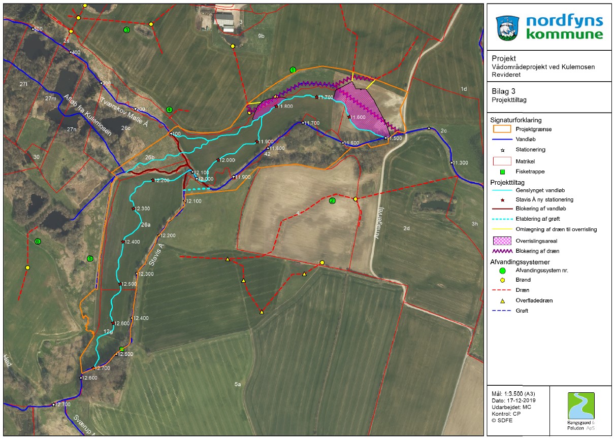 Oversigtskort over den planlagte beliggenhed af vådområdet ved Kulemosen langs Stavis Å med angivelse af projekttiltag