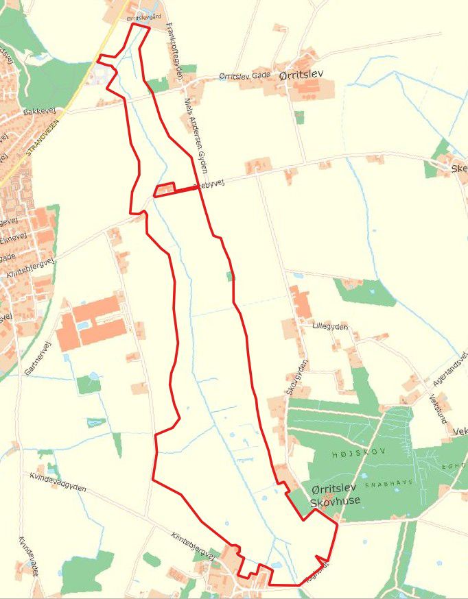 Projektgrænsen til forundersøgelsen til et vådområde øst for Otterup er markeret med rødt.