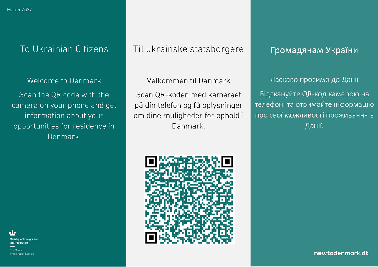 Til ukrainske statsborgere. Velkommen til Danmark. Scan QR-koden med kameraet på din telefon og få oplysninger om dine muligheder for ophold i Danmark.