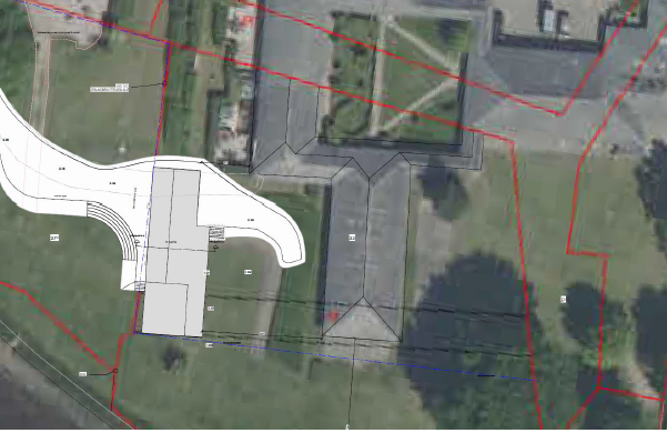 Oversigtstegning over ejendommen, der viser placeringen af den nye undervisningsbygning