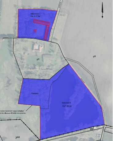 Oversigtskort, der viser placeringen ad Delområde A mod nord og Delområde B mod syd