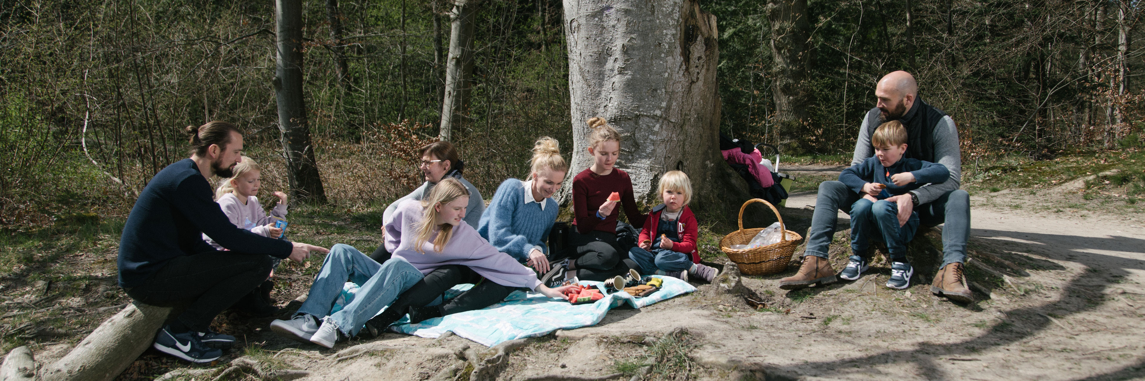 Familier, der spiser madpakker i en skov - Langesø ved Morud