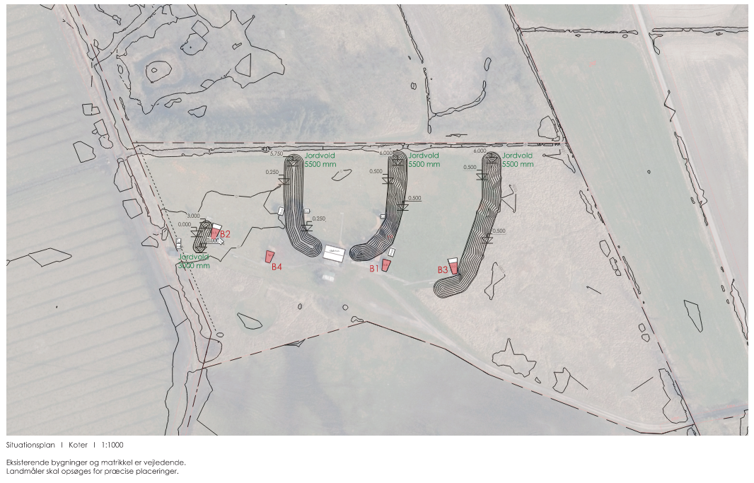 Situationsplan, hvor jordvoldene er vist