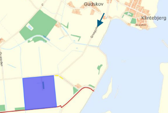 Billedet viser en oversigt over projektområdet samt at der tilkørsel via Grusgyden i Gudskov