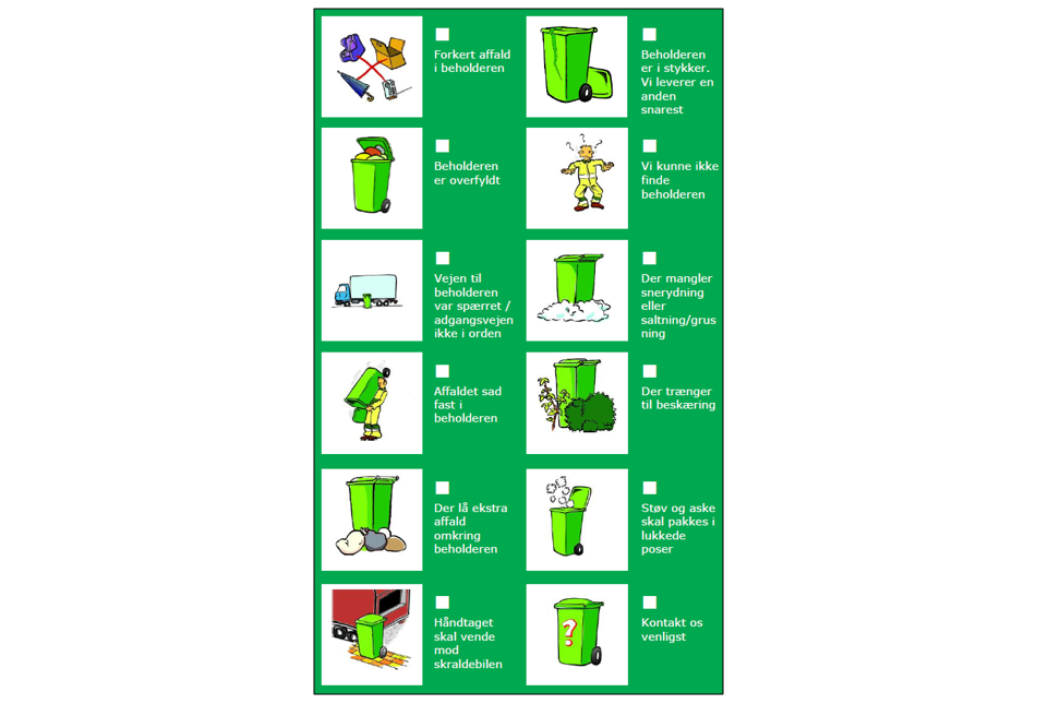 Eksempel på flyer, skraldemanden hænger på skraldespanden. I teksten til højre står den beskrevet.