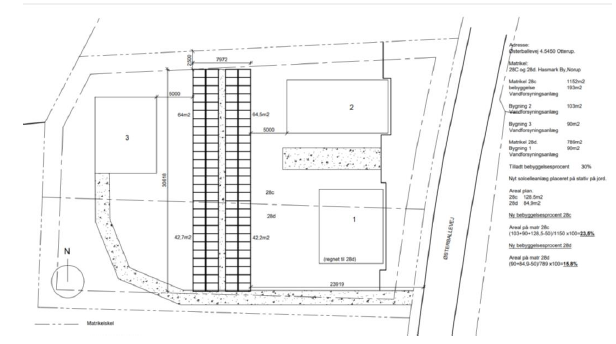 Oversigtstegning, der viser placering af solcelleanlæg på ejendommen.