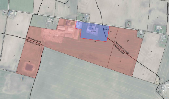 Oversigtstegning over ejendommen, der viser placeringen af landbrugsudstykningen.