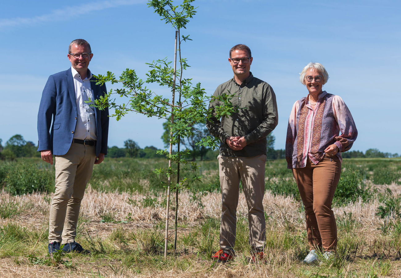 Borgmester for Nordfyns Kommune, Morten Andersen, formand for Teknik og Miljø i Nordfyns Kommune og Minister for Natur og Dyrevelfærd Christian Rabjerg Madsen står bag ved et nyplantet træ