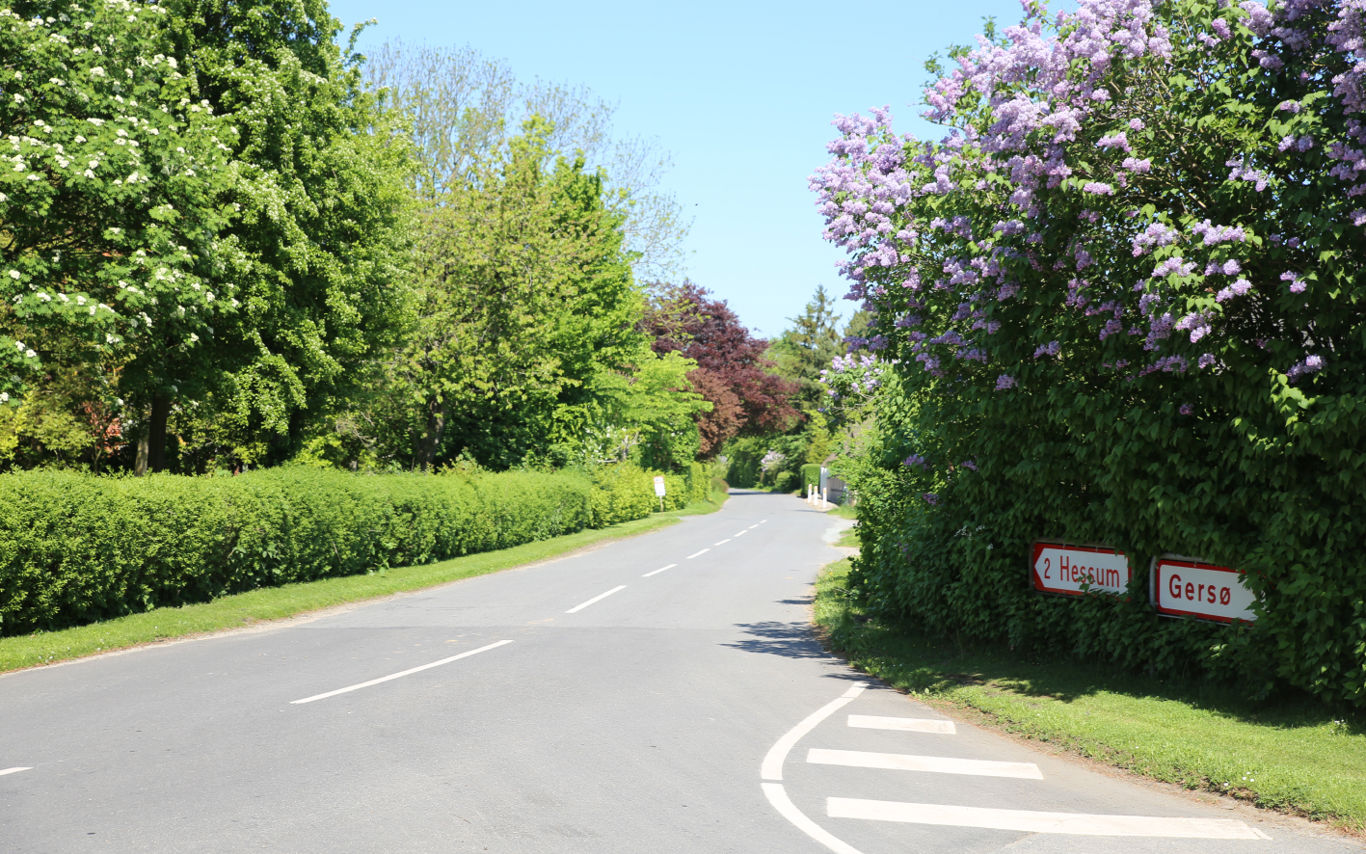 Gade i landsby med byskilte til Hessum og Gersø