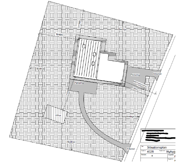 Situationsplan, der viser placeringen af enfamilieshus på ejendommen