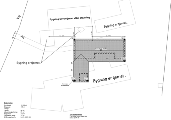 Figuren viser, hvilke bygninger på ejendommen, der er fjernet og hvor det nye byggeri opføres.
