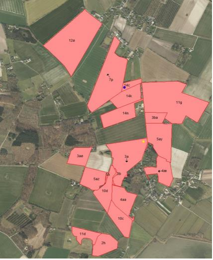 Blå prik i matrikel 14c, gul prik i matrikel 3a.