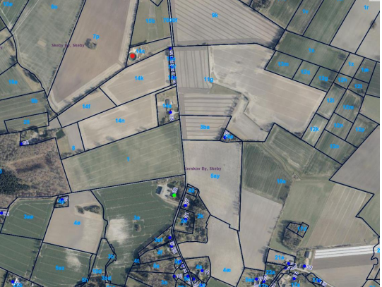 Den røde prik er placeret i matrikel 14c. Den grønne er placereret i matrikel 3a.