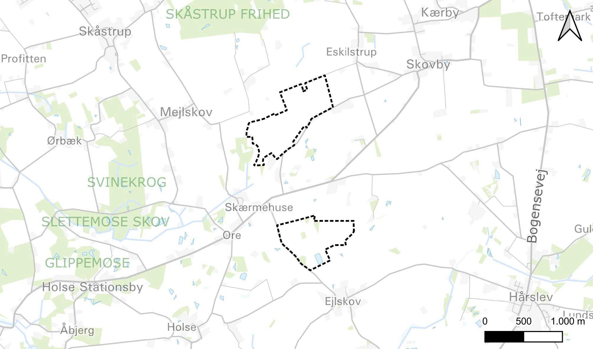 Figur 1: Oversigtskort over plan- og projektområdets afgrænsning og placering ved Skovby. Kilde: COWI og Better Energy. Indeholder data fra Styrelsen for Dataforsyning og Infrastruktur, sagsbehandlingskort-basis og vejnavne-basiskort, WMS-tjenester).