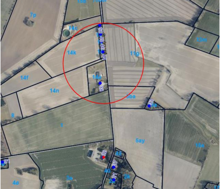 Luftfoto, der med en rød ring viser at ejendommene på Gerskovvej 44, 46, 48 og 58 vil blive påvirket af transport ved den alternative placering.