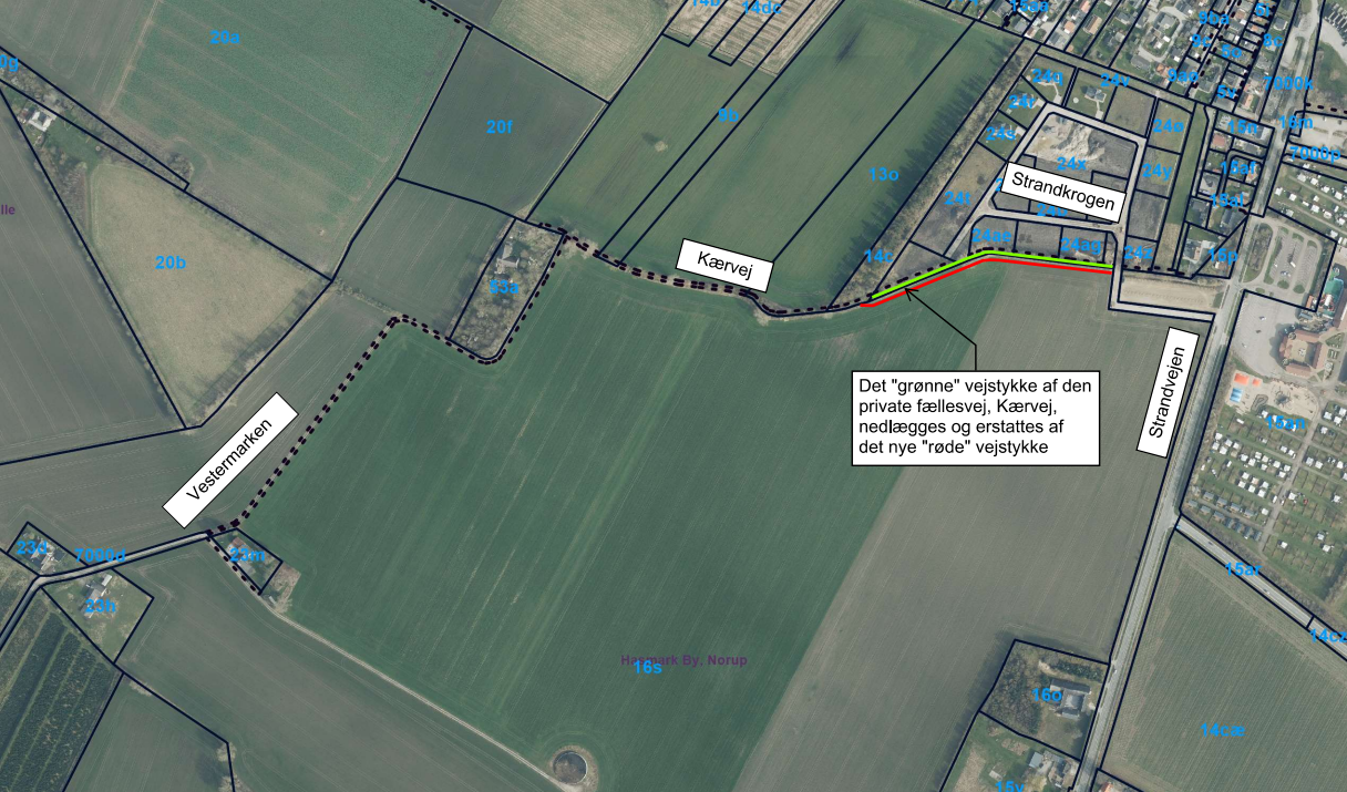 Oversigtskortet viser området fra Strandkrogen til Kærvej, der er berørt af omlægningen.